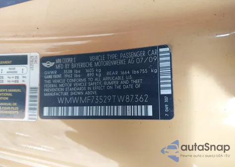 2009 Mini Cooper S z USA, uszkodzony, nr VIN WMWMF73529TW87362